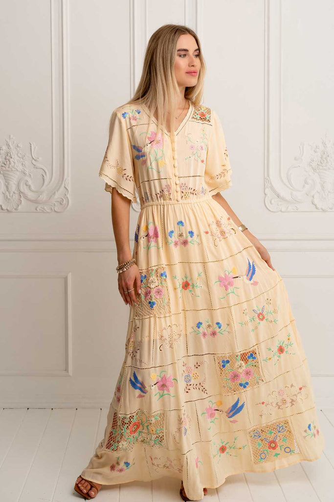 Hummingbird Panel Dress (Vanilla)