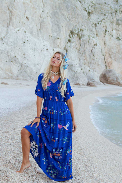 Hummingbird Panel Dress (Blue) – ZAIMARA