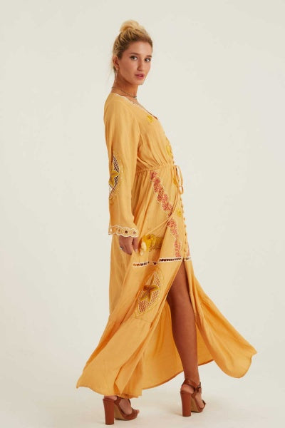 Maltese Sunset Kimono Maxi Dress (Mustard)